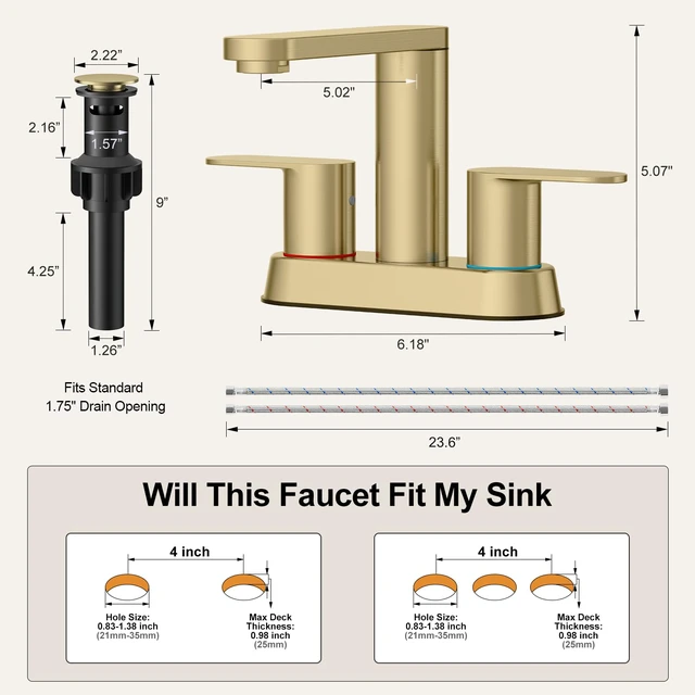 Alt view image 6 of 7 - Brushed Gold Bathroom Faucets 4 Inch Centerset Faucet for Bathroom Sink 2 or 3 Hole Basin 2-Handle 360° Swivel Spout Bathroom Sink Faucet with Pop up Drain Water Supply Hose for Farmhouse Vanity RV