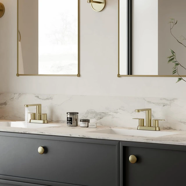 Alt view image 7 of 7 - Brushed Gold Bathroom Faucets 4 Inch Centerset Faucet for Bathroom Sink 2 or 3 Hole Basin 2-Handle 360° Swivel Spout Bathroom Sink Faucet with Pop up Drain Water Supply Hose for Farmhouse Vanity RV