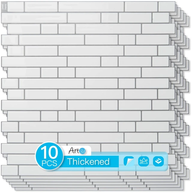 Main image of Linear Tile Peel and Stick Backsplash, 10-Pack, White with Gray Grout 12 x 12 Inch, Enhanced Thickness, Warp Resistant, Strong Adhesion, Sturdy, for Kitchen, Bedroom, Ideal for Home Improvement