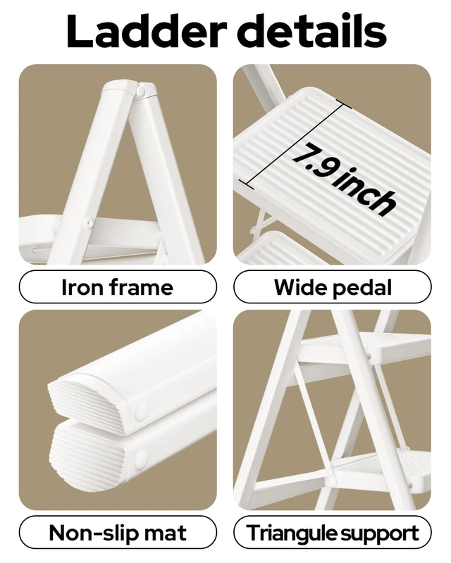 Alt view image 7 of 7 - 2 Step Ladder, Foldable 2 Step Stool, White Stepladder with Anti-Slip Widen Pedals, Portable Ladder for Home,Kitchen,Closet,300lb Capacity