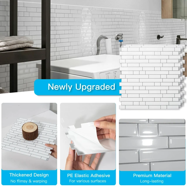 Alt view image 5 of 7 - Linear Tile Peel and Stick Backsplash, 10-Pack, White with Gray Grout 12 x 12 Inch, Enhanced Thickness, Warp Resistant, Strong Adhesion, Sturdy, for Kitchen, Bedroom, Ideal for Home Improvement
