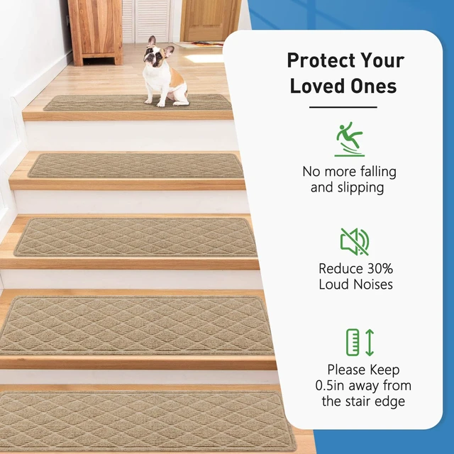 Alt view image 3 of 7 - Non Slip Stair Treads for Wooden Steps,15 Pack 8" X 30" Stairs Carpet Treads Indoor with Reusable Peel and Stick Adhesive for Kids Elders and Pets,Polyester TPR Backing