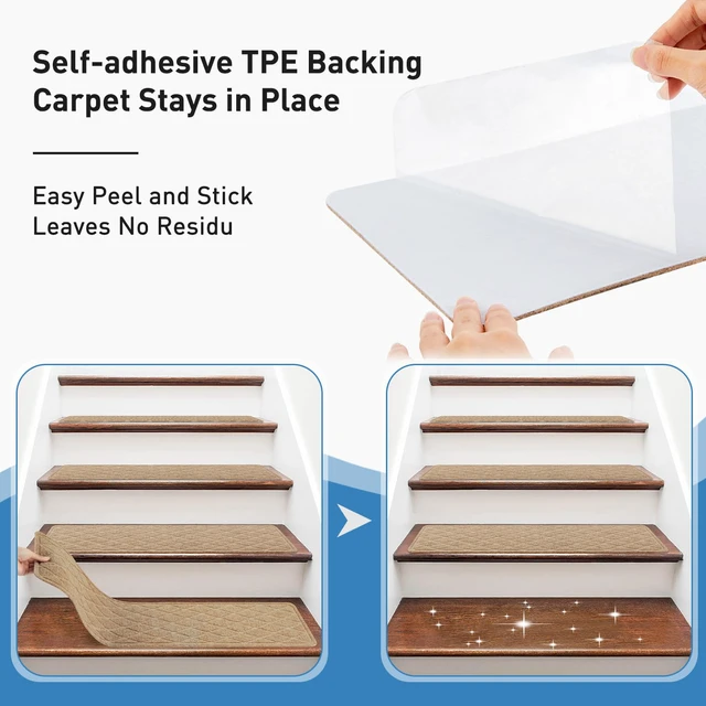 Alt view image 4 of 7 - Non Slip Stair Treads for Wooden Steps,15 Pack 8" X 30" Stairs Carpet Treads Indoor with Reusable Peel and Stick Adhesive for Kids Elders and Pets,Polyester TPR Backing