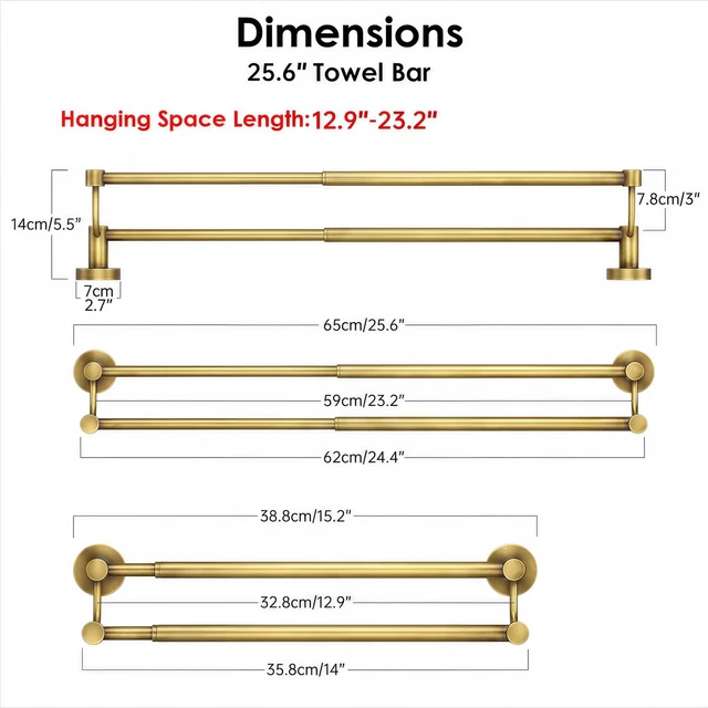 Alt view image 7 of 7 - Double Towel Bar Bathroom Towel Rack Towel Rod Holder Antique Brass Adjustable 16-26 In,Wall Mounted Towel Holder, Stainless Steel, Rustproof, Towel Bar Rod Hanger Hardware Accessories Hotel