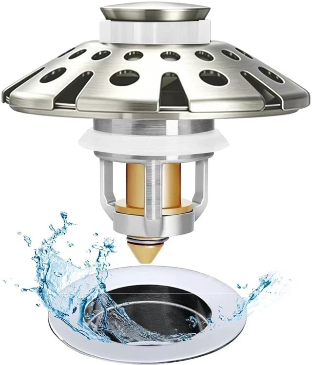 Main image of Bathroom Sink Drain Strainer, 3 in 1 Pop Up Bathroom Sink Stopper Universal Drian Plug with Hair Catcher Cover, for 1.06 in to 1.6 in Sink Drain, Brushed Nickel