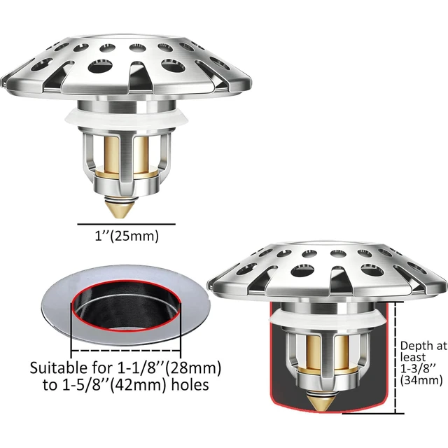 Alt view image 2 of 6 - Bathroom Sink Drain Strainer, 3 in 1 Pop Up Bathroom Sink Stopper Universal Drian Plug with Hair Catcher Cover, for 1.06 in to 1.6 in Sink Drain, Brushed Nickel