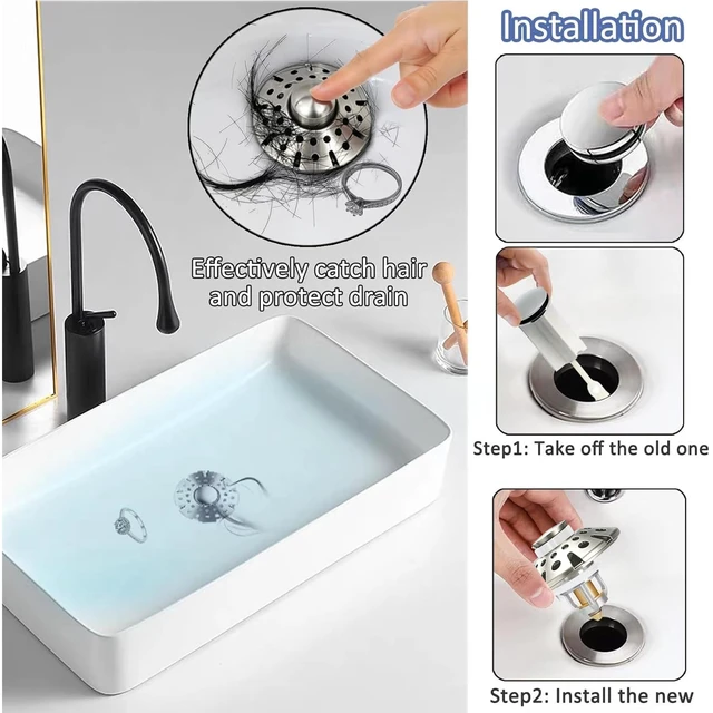 Alt view image 3 of 6 - Bathroom Sink Drain Strainer, 3 in 1 Pop Up Bathroom Sink Stopper Universal Drian Plug with Hair Catcher Cover, for 1.06 in to 1.6 in Sink Drain, Brushed Nickel