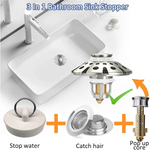 Alt view image 4 of 6 - Bathroom Sink Drain Strainer, 3 in 1 Pop Up Bathroom Sink Stopper Universal Drian Plug with Hair Catcher Cover, for 1.06 in to 1.6 in Sink Drain, Brushed Nickel