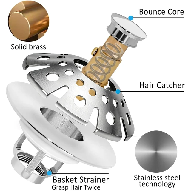 Alt view image 6 of 6 - Bathroom Sink Drain Strainer, 3 in 1 Pop Up Bathroom Sink Stopper Universal Drian Plug with Hair Catcher Cover, for 1.06 in to 1.6 in Sink Drain, Brushed Nickel