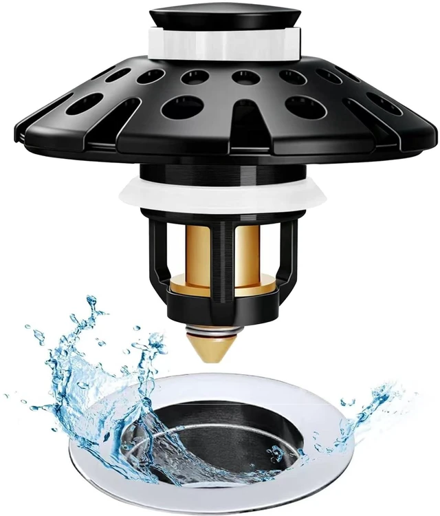 Main image of Bathroom Sink Drain Strainer, 3 in 1 Pop Up Bathroom Sink Stopper Universal Drian Plug with Hair Catcher Cover, for 1.06 in to 1.6 in Sink Drain, Matte Black