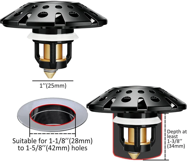 Alt view image 2 of 6 - Bathroom Sink Drain Strainer, 3 in 1 Pop Up Bathroom Sink Stopper Universal Drian Plug with Hair Catcher Cover, for 1.06 in to 1.6 in Sink Drain, Matte Black