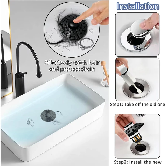 Alt view image 3 of 6 - Bathroom Sink Drain Strainer, 3 in 1 Pop Up Bathroom Sink Stopper Universal Drian Plug with Hair Catcher Cover, for 1.06 in to 1.6 in Sink Drain, Matte Black