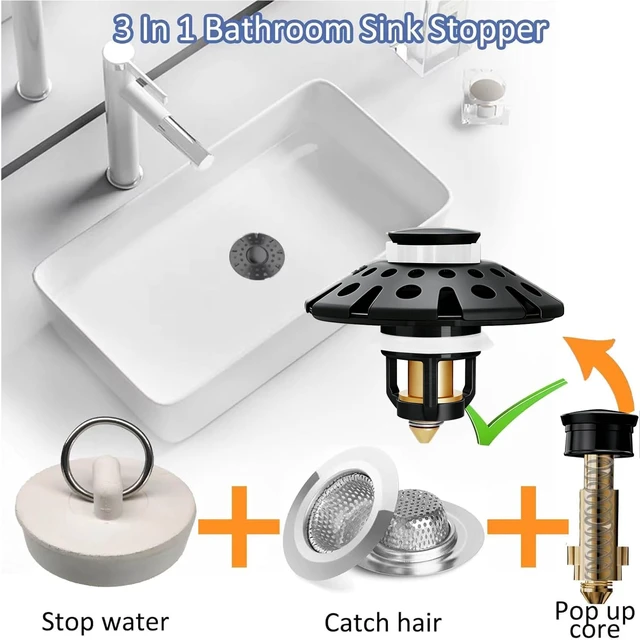 Alt view image 4 of 6 - Bathroom Sink Drain Strainer, 3 in 1 Pop Up Bathroom Sink Stopper Universal Drian Plug with Hair Catcher Cover, for 1.06 in to 1.6 in Sink Drain, Matte Black