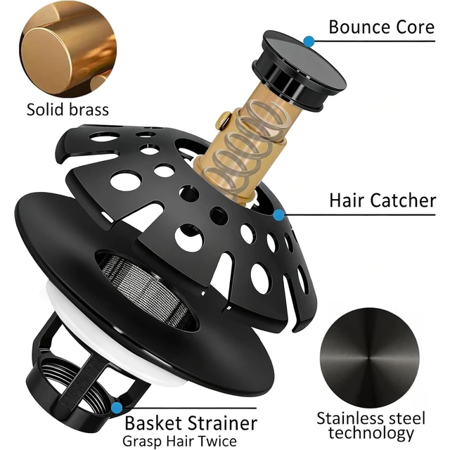 Alt view image 6 of 6 - Bathroom Sink Drain Strainer, 3 in 1 Pop Up Bathroom Sink Stopper Universal Drian Plug with Hair Catcher Cover, for 1.06 in to 1.6 in Sink Drain, Matte Black