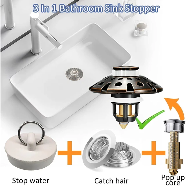 Alt view image 4 of 6 - Bathroom Sink Drain Strainer, 3 in 1 Pop Up Bathroom Sink Stopper Universal Drain Plug with Hair Catcher Cover, for 1.06 in to 1.6 in Sink Drain, Oil Rubbed Bronze