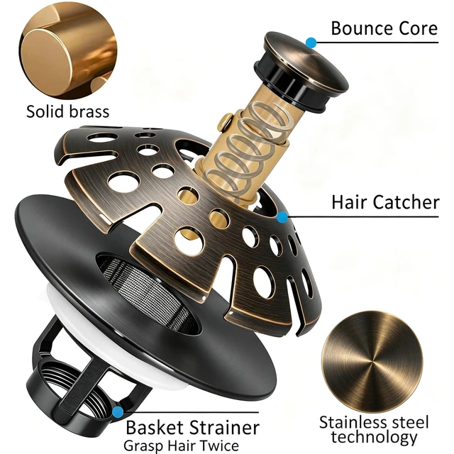 Alt view image 6 of 6 - Bathroom Sink Drain Strainer, 3 in 1 Pop Up Bathroom Sink Stopper Universal Drain Plug with Hair Catcher Cover, for 1.06 in to 1.6 in Sink Drain, Oil Rubbed Bronze