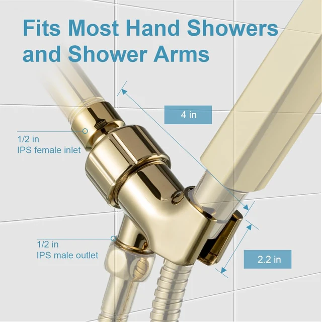 Alt view image 3 of 7 - Shower Head Holder with Solid Metal Ball for Handheld Shower Head Gold, Adjustable Shower Arm Mount for Connecting Shower Arm and Shower Hose, 1/2 in IPS Female Inlet and Male Outlet