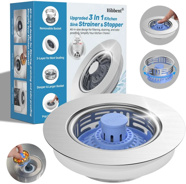 Main image of 3 in 1 Kitchen Sink Drain Strainer, Metal Pop Up Stopper Larger Anti-Clogging Basket, 3-Layer Seal, Detachable Sink Drain Plug for US Standard 3-1/2" Drain, Blue