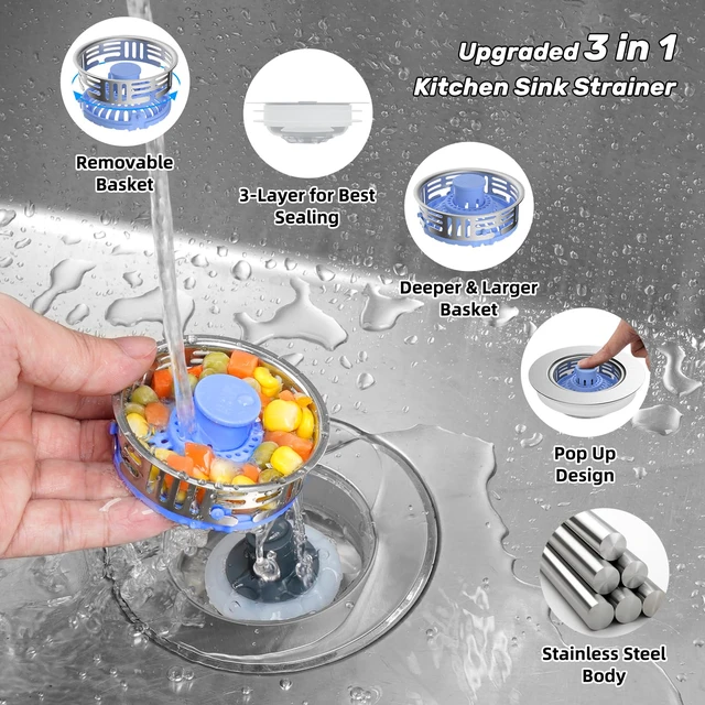 Alt view image 2 of 7 - 3 in 1 Kitchen Sink Drain Strainer, Metal Pop Up Stopper Larger Anti-Clogging Basket, 3-Layer Seal, Detachable Sink Drain Plug for US Standard 3-1/2" Drain, Blue