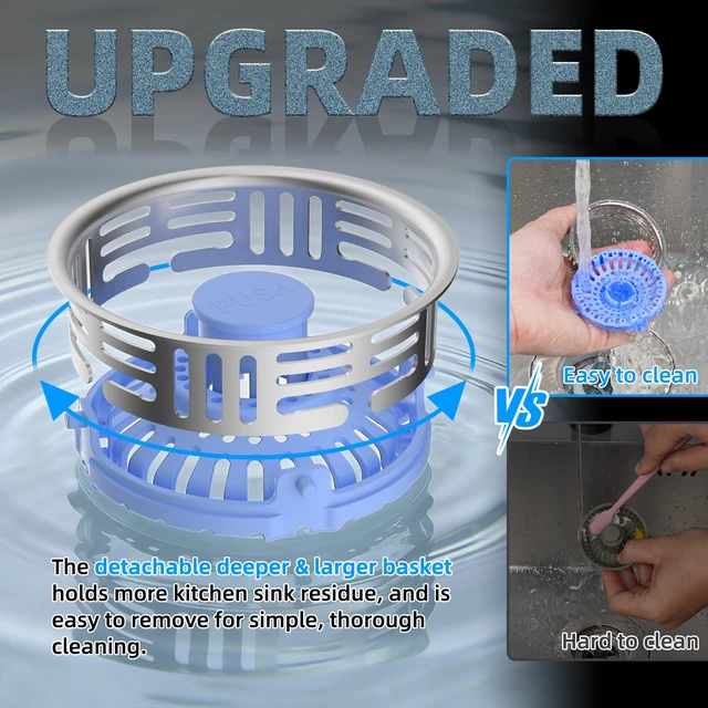 Alt view image 4 of 7 - 3 in 1 Kitchen Sink Drain Strainer, Metal Pop Up Stopper Larger Anti-Clogging Basket, 3-Layer Seal, Detachable Sink Drain Plug for US Standard 3-1/2" Drain, Blue