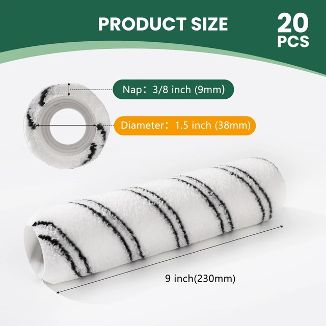 Alt view image 6 of 6 - Microfiber Paint Roller 9 Inch, 3/8 Inch Nap, 20 Pack 9 Inch Microfiber Paint Roller Covers, Large Replacement Covers for Wall Painting and Paint Roller Kit