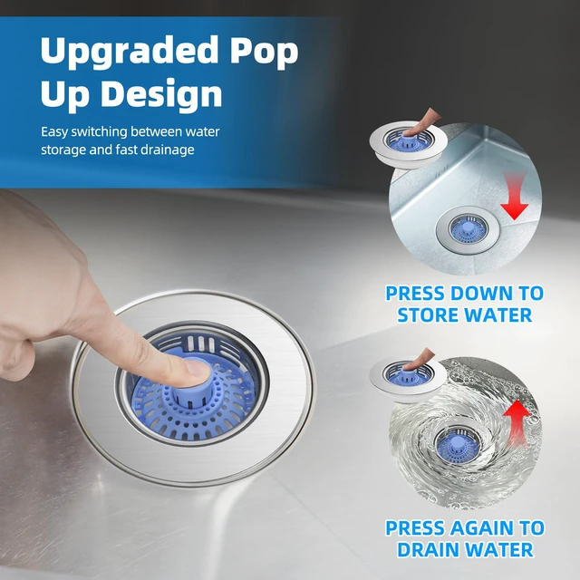 Alt view image 5 of 7 - 3 in 1 Kitchen Sink Drain Strainer, Metal Pop Up Stopper Larger Anti-Clogging Basket, 3-Layer Seal, Detachable Sink Drain Plug for US Standard 3-1/2" Drain, Blue