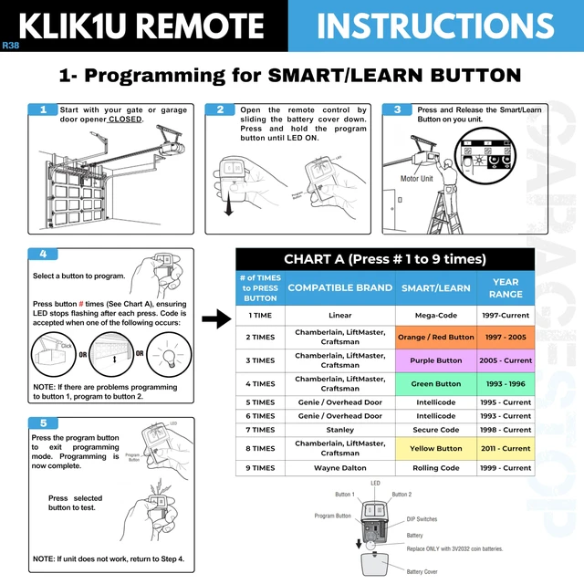 Alt view image 3 of 7 - 3X Universal Door Opener Remote KLIK1U 375UT 375LM Clicker 2-Button Replacement for LiftMaster Chamberlain Craftsman Genie Linear, Operates 2 Doors or Gates, Dip Switch & Learn Button