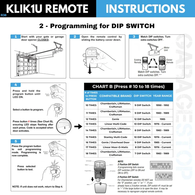 Alt view image 4 of 7 - 3X Universal Door Opener Remote KLIK1U 375UT 375LM Clicker 2-Button Replacement for LiftMaster Chamberlain Craftsman Genie Linear, Operates 2 Doors or Gates, Dip Switch & Learn Button