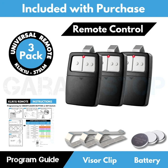 Alt view image 5 of 7 - 3X Universal Door Opener Remote KLIK1U 375UT 375LM Clicker 2-Button Replacement for LiftMaster Chamberlain Craftsman Genie Linear, Operates 2 Doors or Gates, Dip Switch & Learn Button