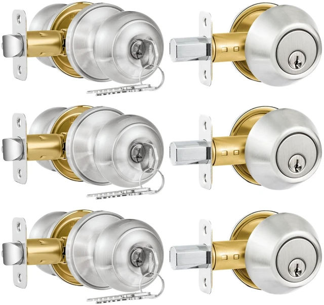 Main image of 3 Pack Entry Door Lock and Single Cylinder Deadbolt Combo Set, Keyed Alike Satin Nickel Exterior Door Knobs with Lock&Keys, Round Ball Door Locksets with Deadbolt for Entrance and Front Door