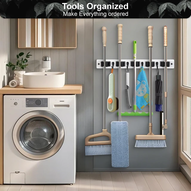 Alt view image 3 of 7 - 2 Pack Broom Holder Wall Mount With 5 Slots & 4 HooksRustic Wood Broom & Mop HangerWall Mounted Garden & Garage Tool Storage Organizer Rack for Closet Laundry Room or Kitchen Wall Decor White
