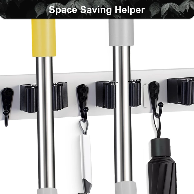 Alt view image 6 of 7 - 2 Pack Broom Holder Wall Mount With 5 Slots & 4 HooksRustic Wood Broom & Mop HangerWall Mounted Garden & Garage Tool Storage Organizer Rack for Closet Laundry Room or Kitchen Wall Decor White
