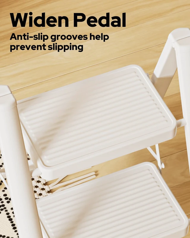 Alt view image 3 of 7 - 2 Step Ladder, Foldable 2 Step Stool, White Stepladder with Anti-Slip Widen Pedals, Portable Ladder for Home,Kitchen,Closet,300lb Capacity