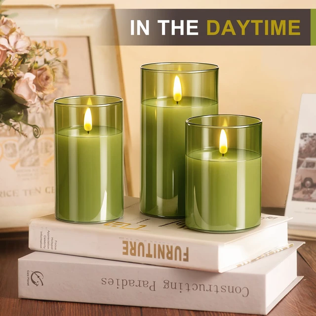 Alt view image 2 of 7 - Glass Battery Operated LED Flameless Candles with Remote and Timer, Real Wax Candles Warm Color Flickering Light for Festival Wedding Home Party Decor(Pack of 3)-Green
