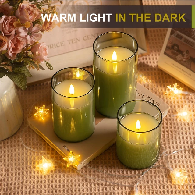 Alt view image 3 of 7 - Glass Battery Operated LED Flameless Candles with Remote and Timer, Real Wax Candles Warm Color Flickering Light for Festival Wedding Home Party Decor(Pack of 3)-Green
