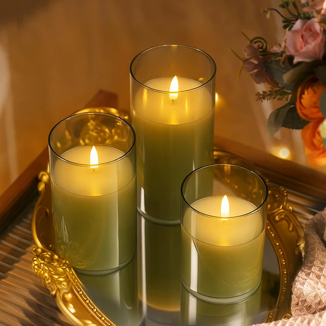 Alt view image 5 of 7 - Glass Battery Operated LED Flameless Candles with Remote and Timer, Real Wax Candles Warm Color Flickering Light for Festival Wedding Home Party Decor(Pack of 3)-Green