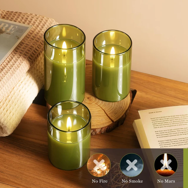 Alt view image 4 of 7 - Glass Battery Operated LED Flameless Candles with Remote and Timer, Real Wax Candles Warm Color Flickering Light for Festival Wedding Home Party Decor(Pack of 3)-Green