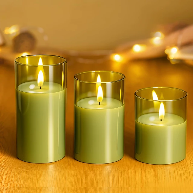Alt view image 6 of 7 - Glass Battery Operated LED Flameless Candles with Remote and Timer, Real Wax Candles Warm Color Flickering Light for Festival Wedding Home Party Decor(Pack of 3)-Green