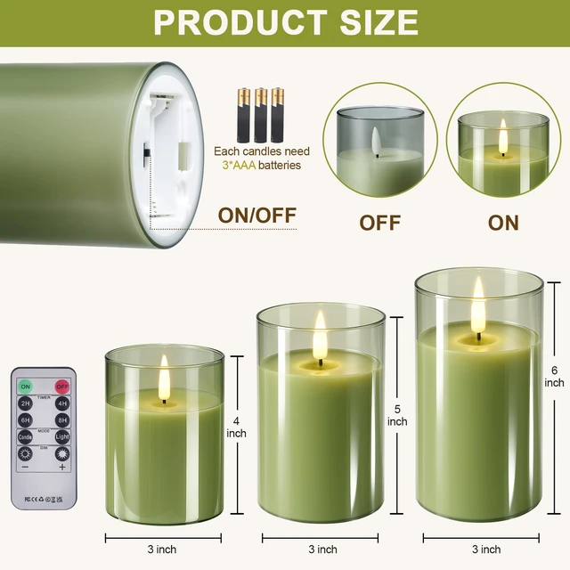 Alt view image 7 of 7 - Glass Battery Operated LED Flameless Candles with Remote and Timer, Real Wax Candles Warm Color Flickering Light for Festival Wedding Home Party Decor(Pack of 3)-Green