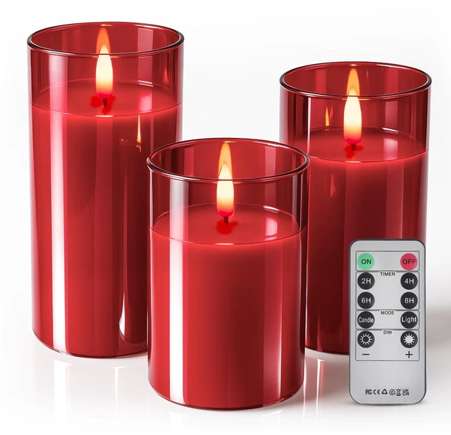 Main image of Glass Battery Operated LED Flameless Candles with Remote and Timer, Real Wax Candles Warm Color Flickering Light for Festival Wedding Home Party Decor(Pack of 3)-Red