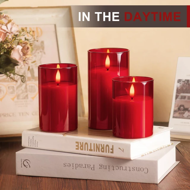 Alt view image 2 of 7 - Glass Battery Operated LED Flameless Candles with Remote and Timer, Real Wax Candles Warm Color Flickering Light for Festival Wedding Home Party Decor(Pack of 3)-Red
