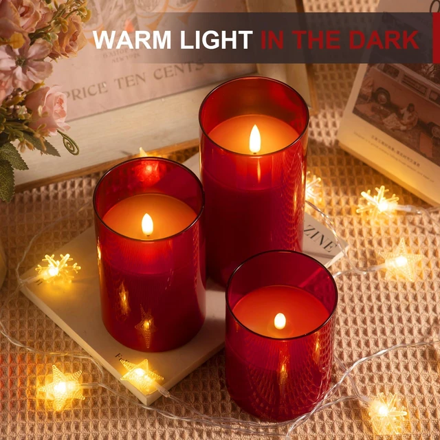 Alt view image 3 of 7 - Glass Battery Operated LED Flameless Candles with Remote and Timer, Real Wax Candles Warm Color Flickering Light for Festival Wedding Home Party Decor(Pack of 3)-Red