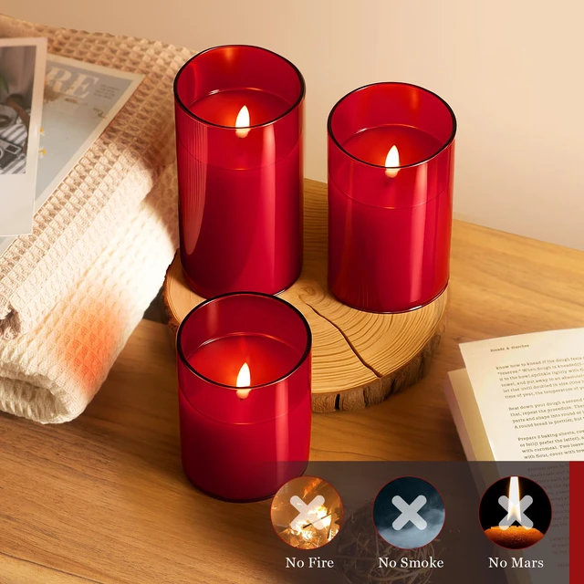 Alt view image 4 of 7 - Glass Battery Operated LED Flameless Candles with Remote and Timer, Real Wax Candles Warm Color Flickering Light for Festival Wedding Home Party Decor(Pack of 3)-Red