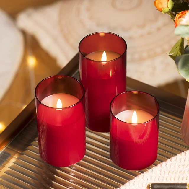 Alt view image 5 of 7 - Glass Battery Operated LED Flameless Candles with Remote and Timer, Real Wax Candles Warm Color Flickering Light for Festival Wedding Home Party Decor(Pack of 3)-Red
