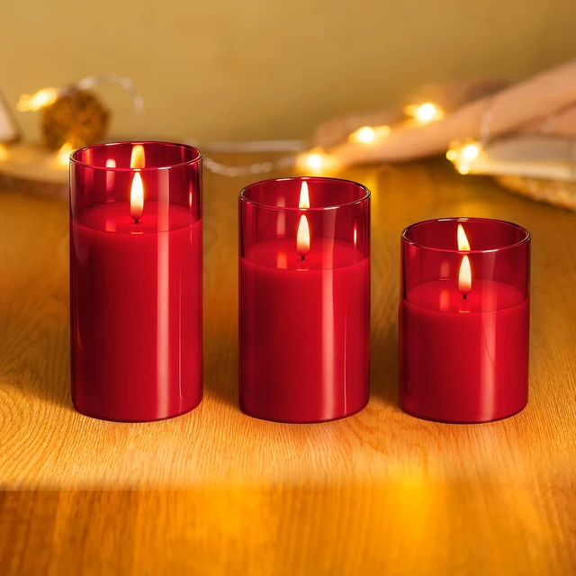 Alt view image 6 of 7 - Glass Battery Operated LED Flameless Candles with Remote and Timer, Real Wax Candles Warm Color Flickering Light for Festival Wedding Home Party Decor(Pack of 3)-Red