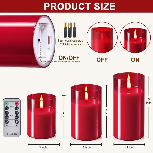 Alt view image 7 of 7 - Glass Battery Operated LED Flameless Candles with Remote and Timer, Real Wax Candles Warm Color Flickering Light for Festival Wedding Home Party Decor(Pack of 3)-Red