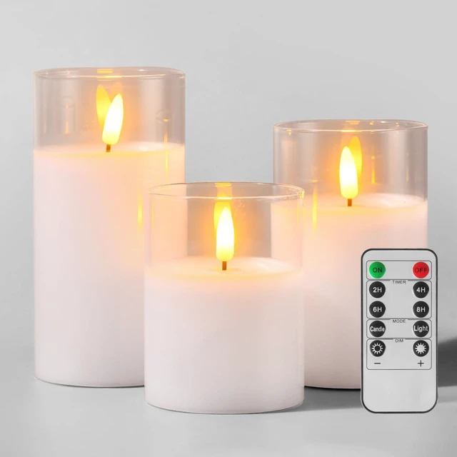 Main image of Glass Battery Operated LED Flameless Candles with Remote and Timer, Real Wax Candles Warm Color Flickering Light for Festival Wedding Home Party Decor(Pack of 3)-White