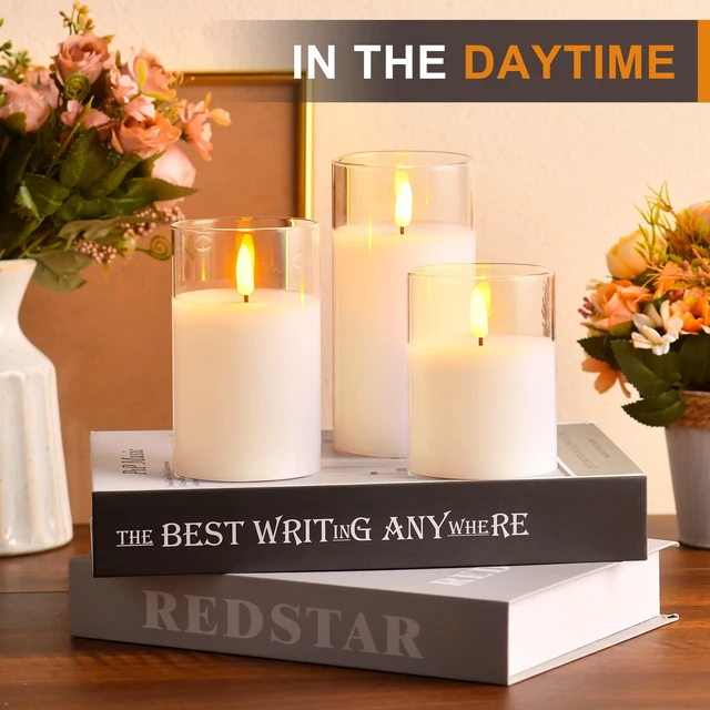Alt view image 2 of 7 - Glass Battery Operated LED Flameless Candles with Remote and Timer, Real Wax Candles Warm Color Flickering Light for Festival Wedding Home Party Decor(Pack of 3)-White