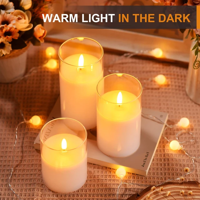 Alt view image 3 of 7 - Glass Battery Operated LED Flameless Candles with Remote and Timer, Real Wax Candles Warm Color Flickering Light for Festival Wedding Home Party Decor(Pack of 3)-White