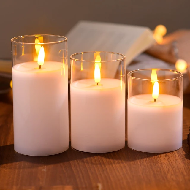 Alt view image 4 of 7 - Glass Battery Operated LED Flameless Candles with Remote and Timer, Real Wax Candles Warm Color Flickering Light for Festival Wedding Home Party Decor(Pack of 3)-White